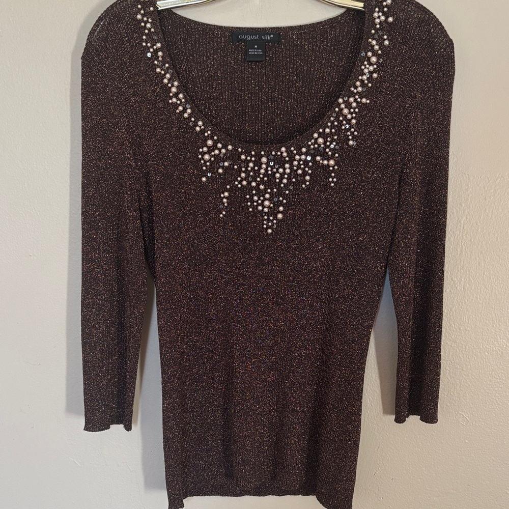 August Silk Brown Beaded Blouse